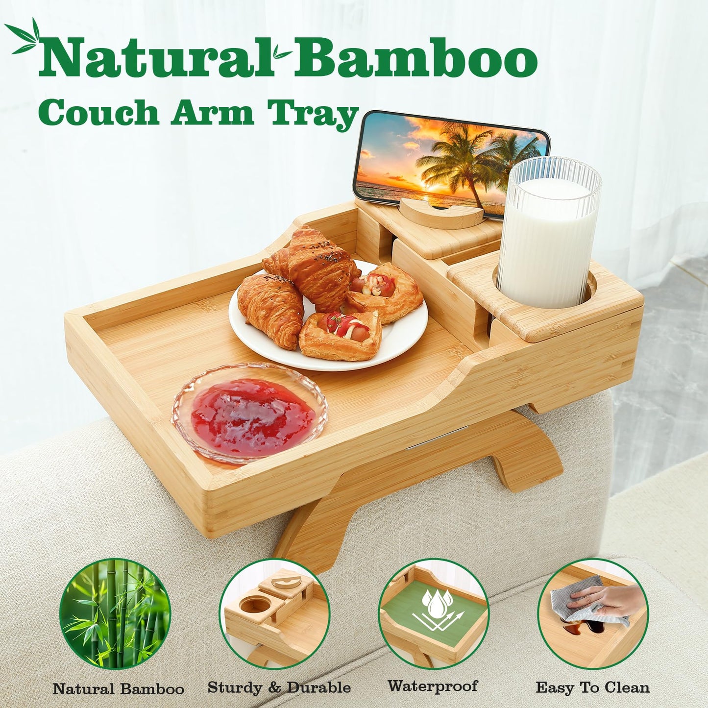 4-in-1 Couch Cup Holder Tray with 360° Rotating Phone Holder, Clip-On Armrest Side Table