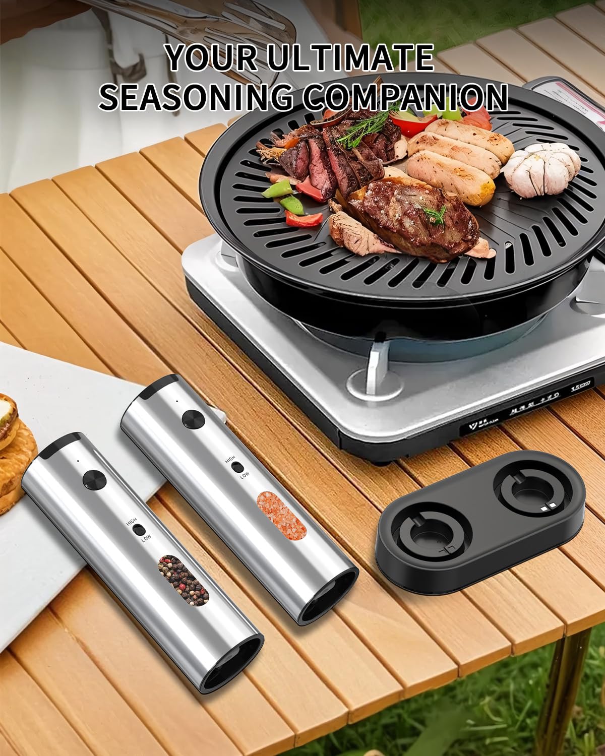 Rechargeable Electric Salt & Pepper Grinder Set with Charging Base & LED Light