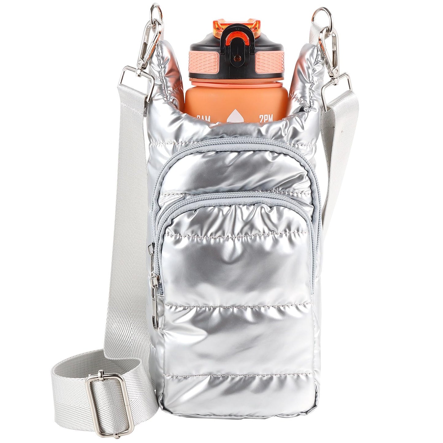 Quilted Puffer Water Bottle Crossbody Bag with Adjustable Strap, Women Sling Water Bottle Carrier Purse