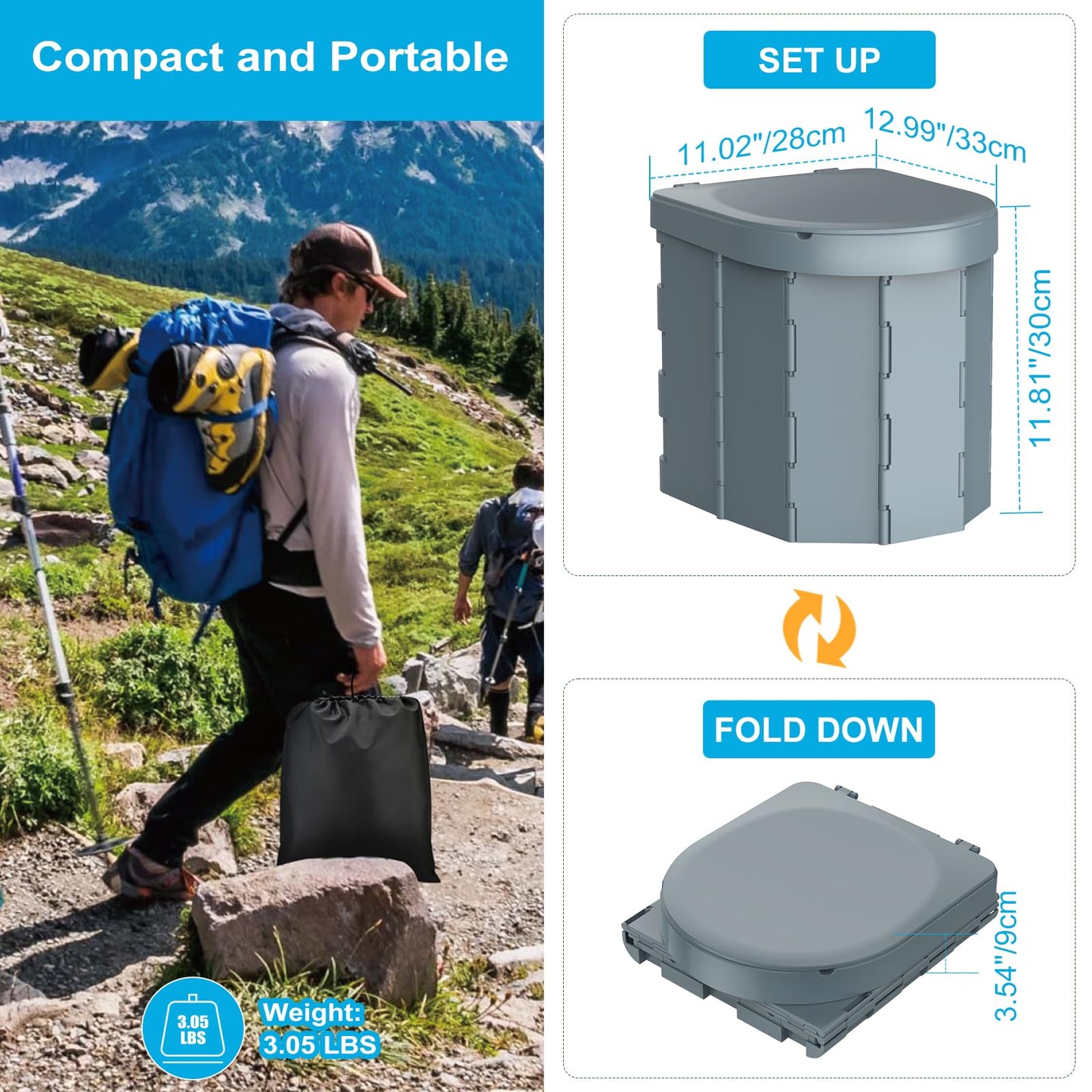 Portable Folding Camping Toilet for Adults, Waterproof Porta Potty with Lid, Paper Holder, Carry Bag & Disposable Liners