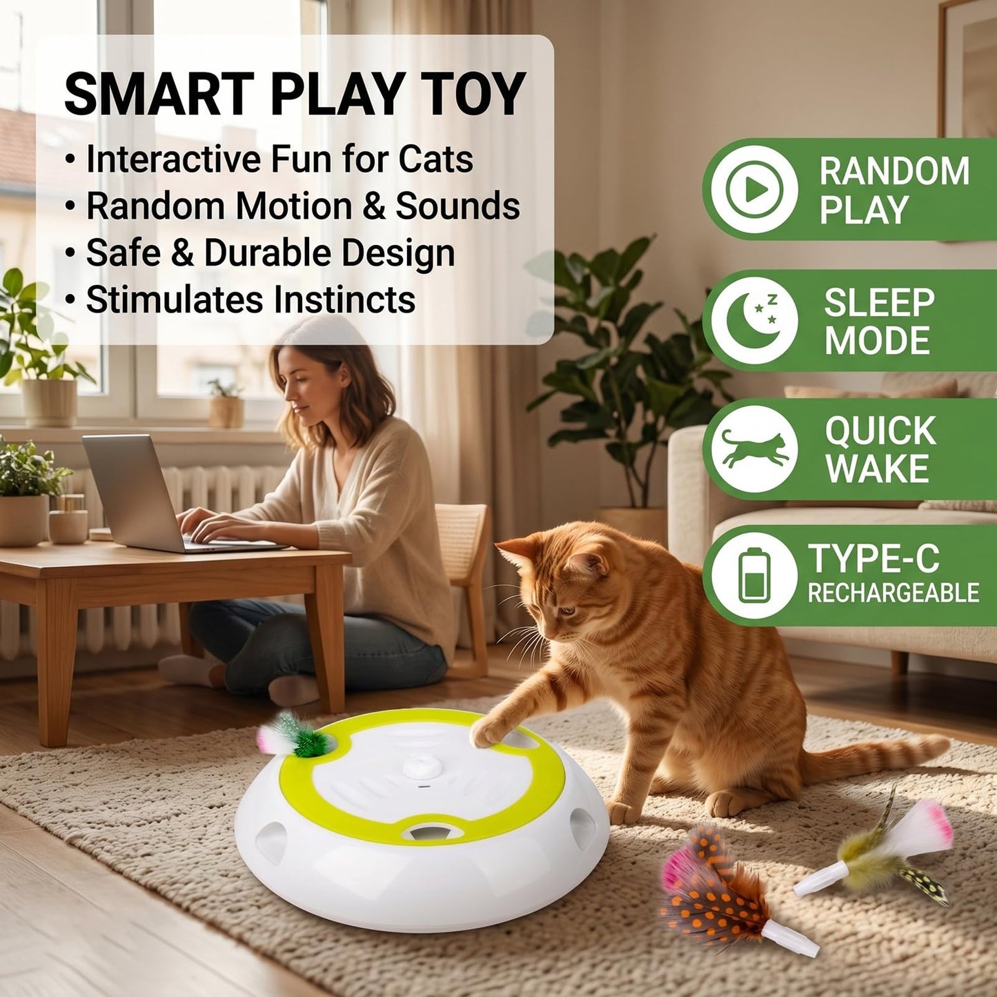 Interactive Whack-a-Mole Cat Toy, Auto Feather Mouse with Motion Sensor