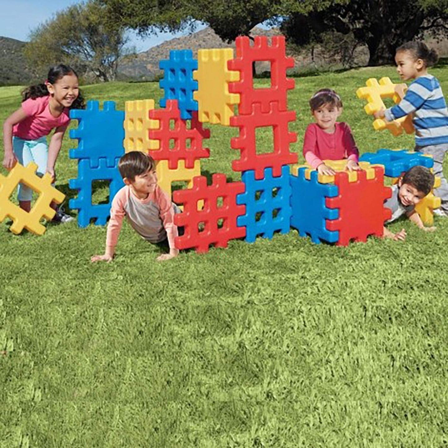 Big Waffle Block Set, 18 Pieces Toddler Building Blocks in Blue/Red/Yellow, Educational Toy for Kids