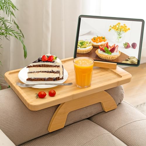 4-in-1 Couch Cup Holder Tray with 360° Rotating Phone Holder, Clip-On Armrest Side Table