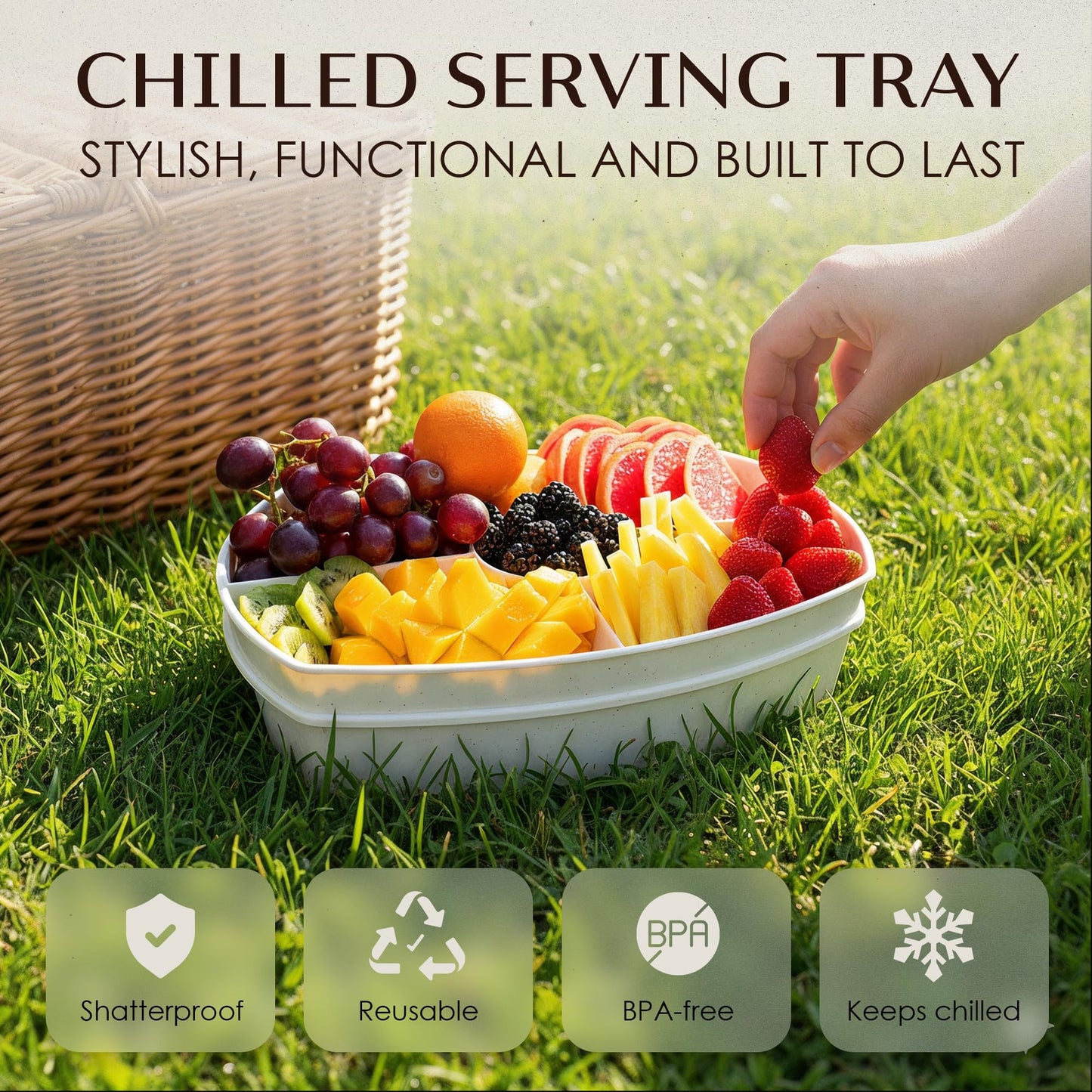 15" Chilled Serving Tray with Lid, 4-Compartment Ice Platter, BPA-Free Melamine