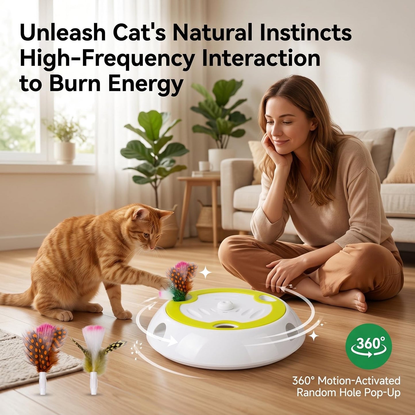 Interactive Whack-a-Mole Cat Toy, Auto Feather Mouse with Motion Sensor