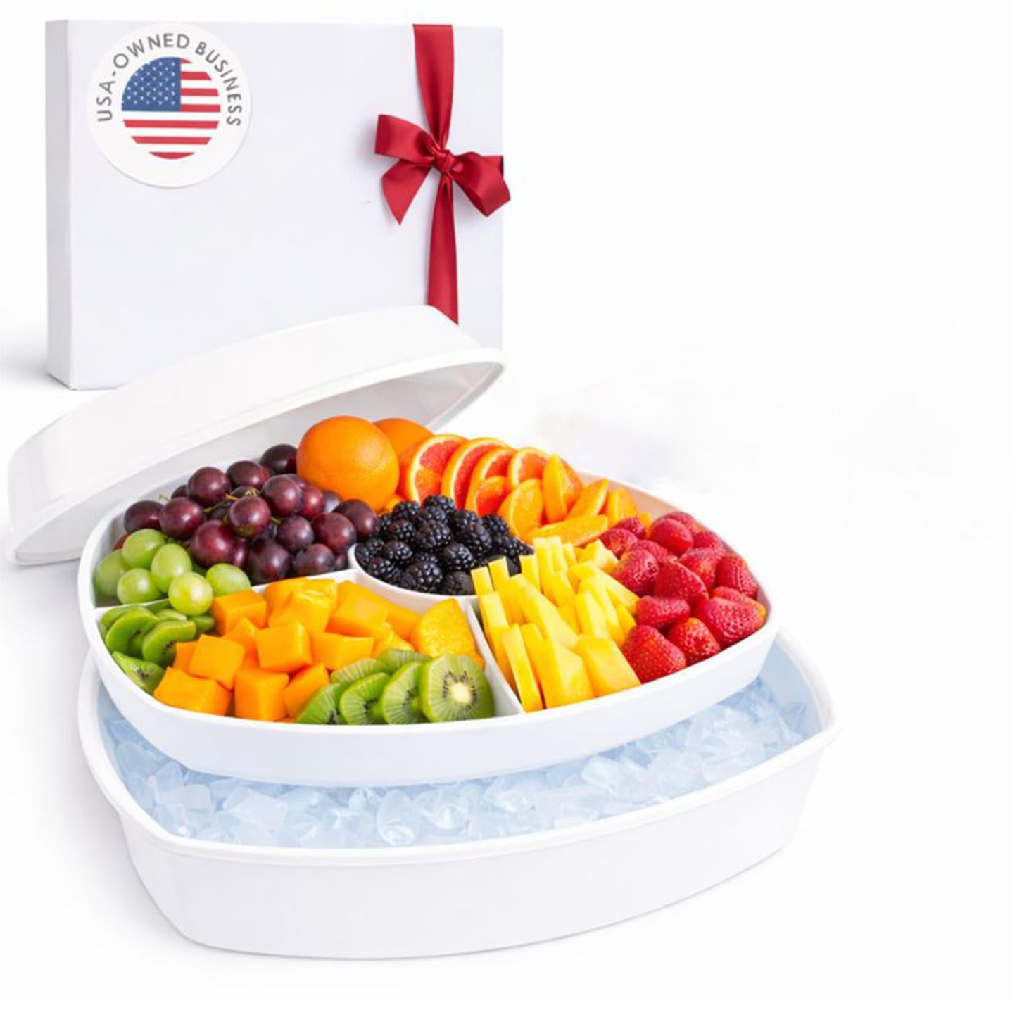 15" Chilled Serving Tray with Lid, 4-Compartment Ice Platter, BPA-Free Melamine