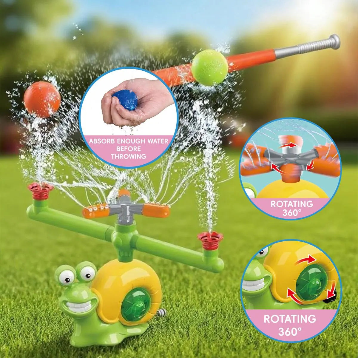 Summer Outdoor Water Toy Set, Rotating Sprinkler Baseball Tee with Water Balls for Kids Backyard Fun