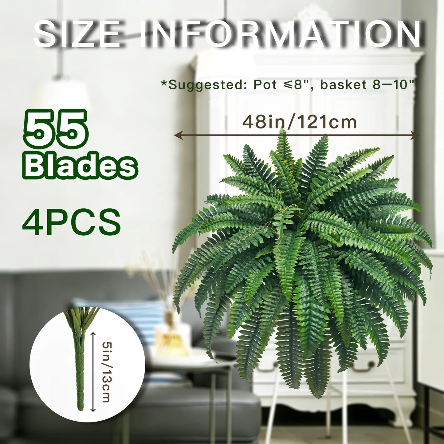 2Pcs Artificial Boston Fern Plant, 48 Inch Faux Greenery with 55 Branches for Indoor Outdoor Home Decor