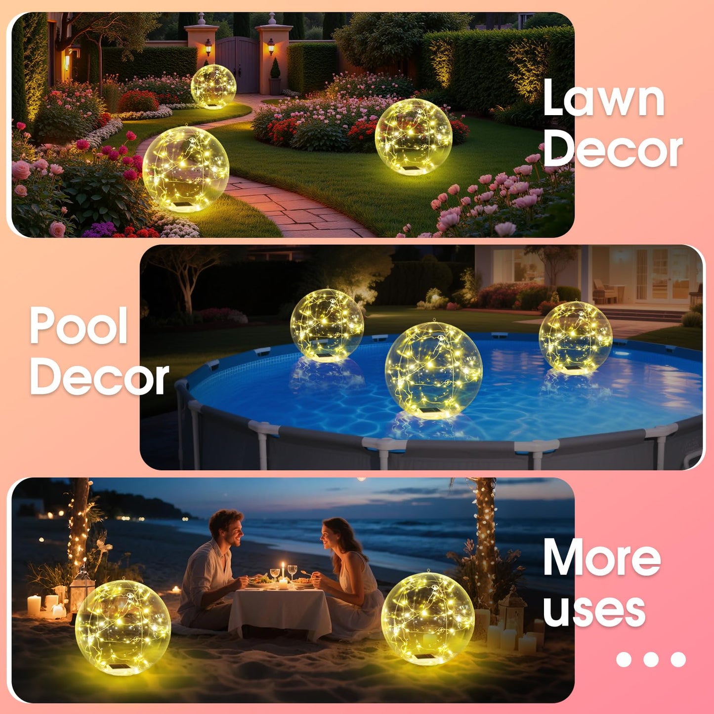 4Pcs 15in Warm White Solar Floating Pool Ball Lights, Auto On/Off Waterproof Decor Lamps