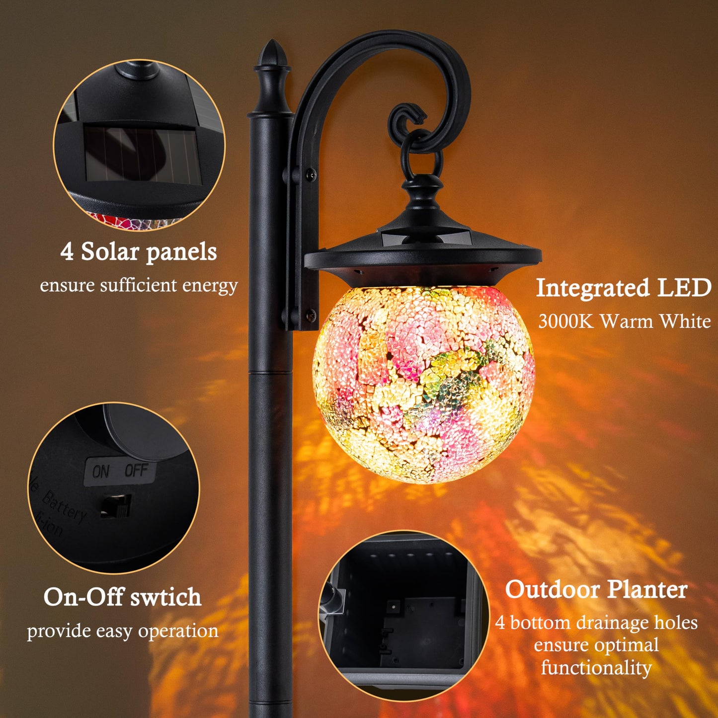 2-in-1 Solar Lamp Post Light with Planter, Mosaic Glass Outdoor Light