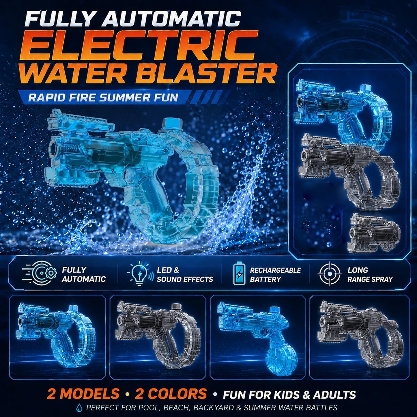 Black Automatic Electric Water Gun with LED Light, Rechargeable Large Capacity Long Range Water Blaster for Adult Pool Beach Summer Water Fight