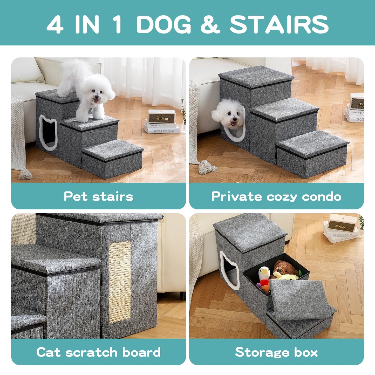 3-Step Non-Slip Pet Stairs with Storage