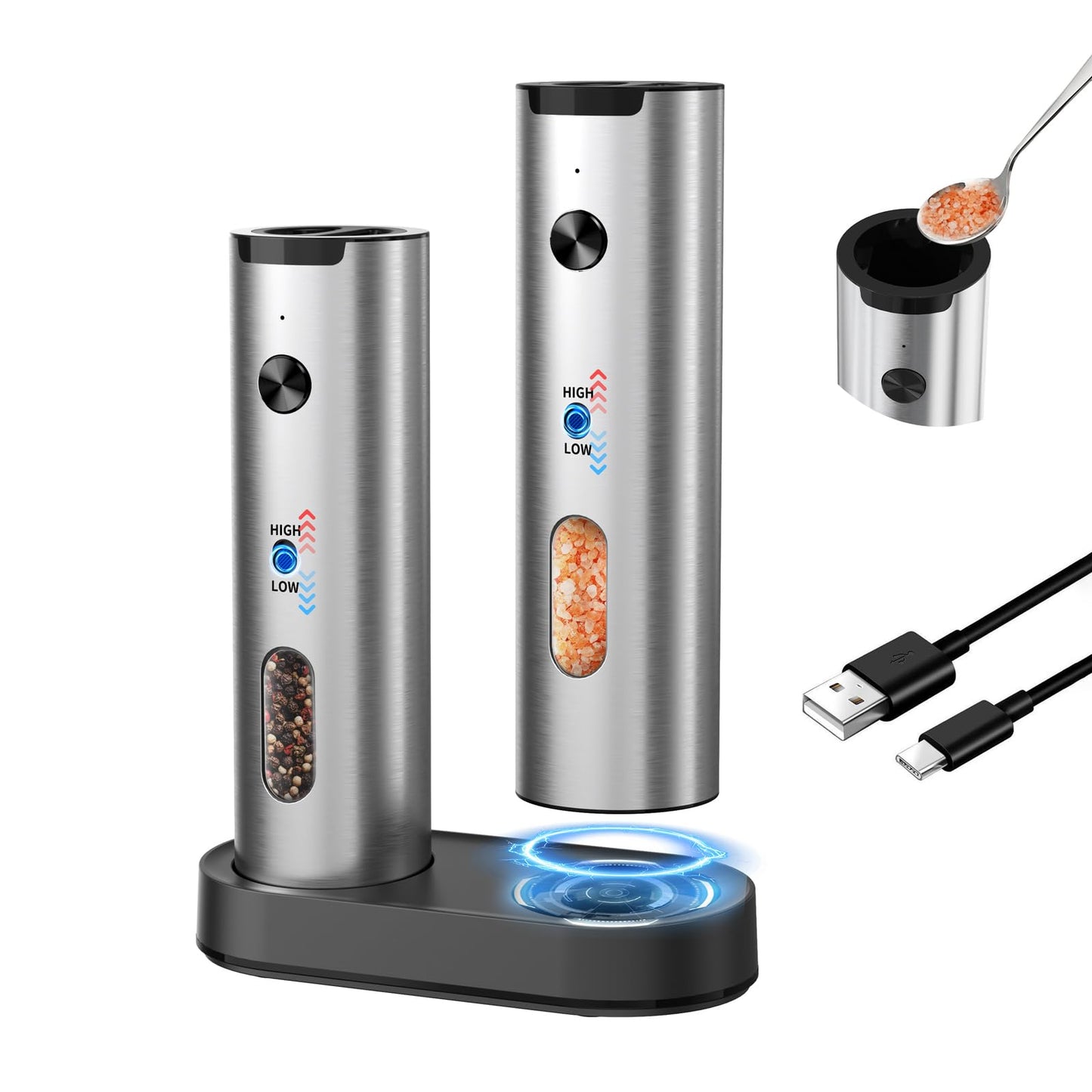 Rechargeable Electric Salt & Pepper Grinder Set with Charging Base & LED Light
