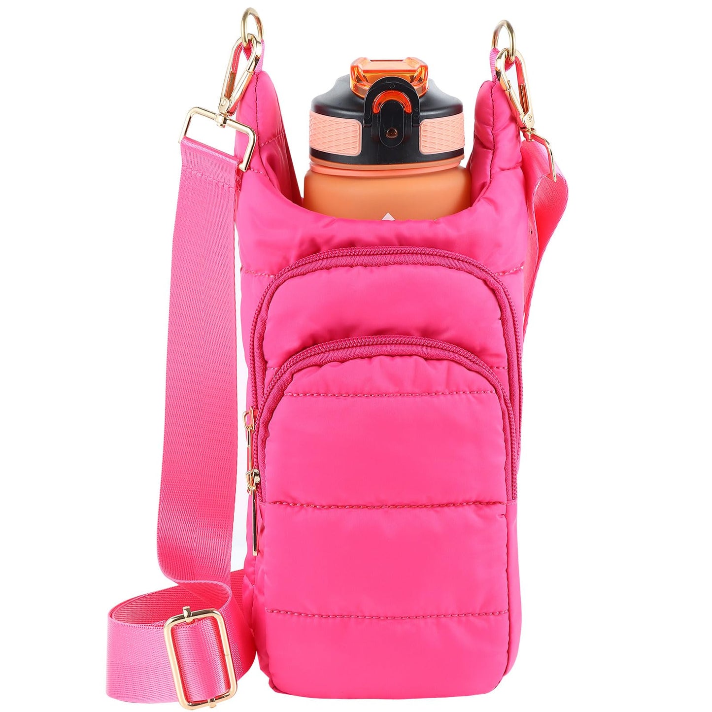 Quilted Puffer Water Bottle Crossbody Bag with Adjustable Strap, Women Sling Water Bottle Carrier Purse
