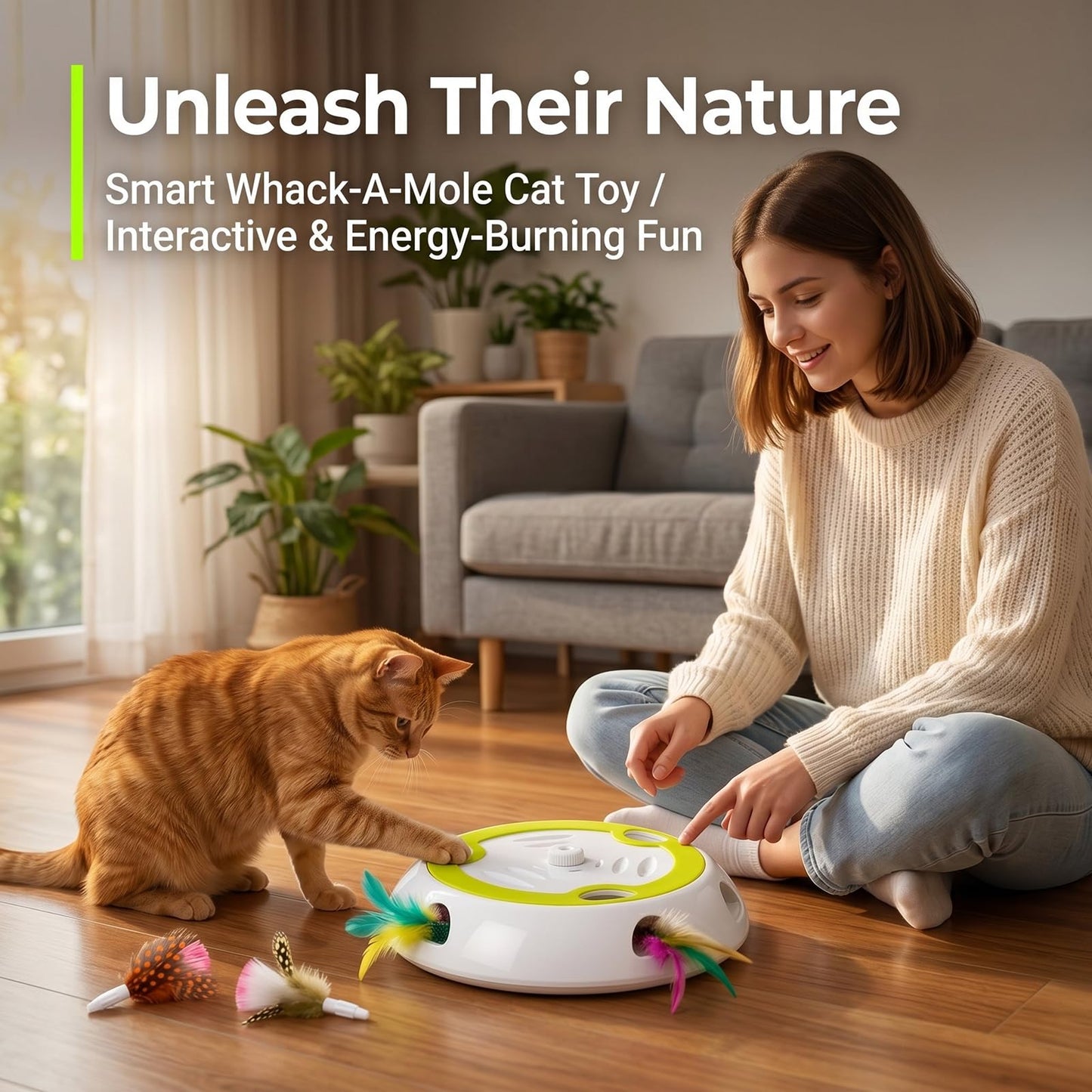 Interactive Whack-a-Mole Cat Toy, Auto Feather Mouse with Motion Sensor