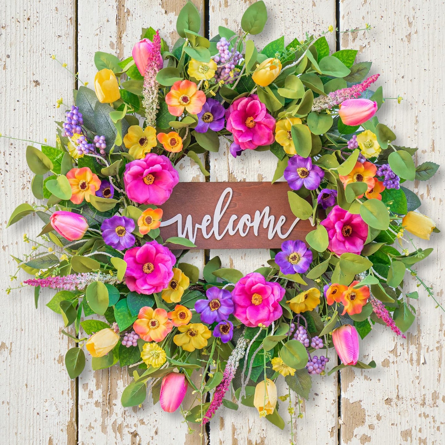 Farmhouse Style Spring Front Door Wreath, Artificial Floral Wreath with Eucalyptus Leaves for Indoor Outdoor Decor