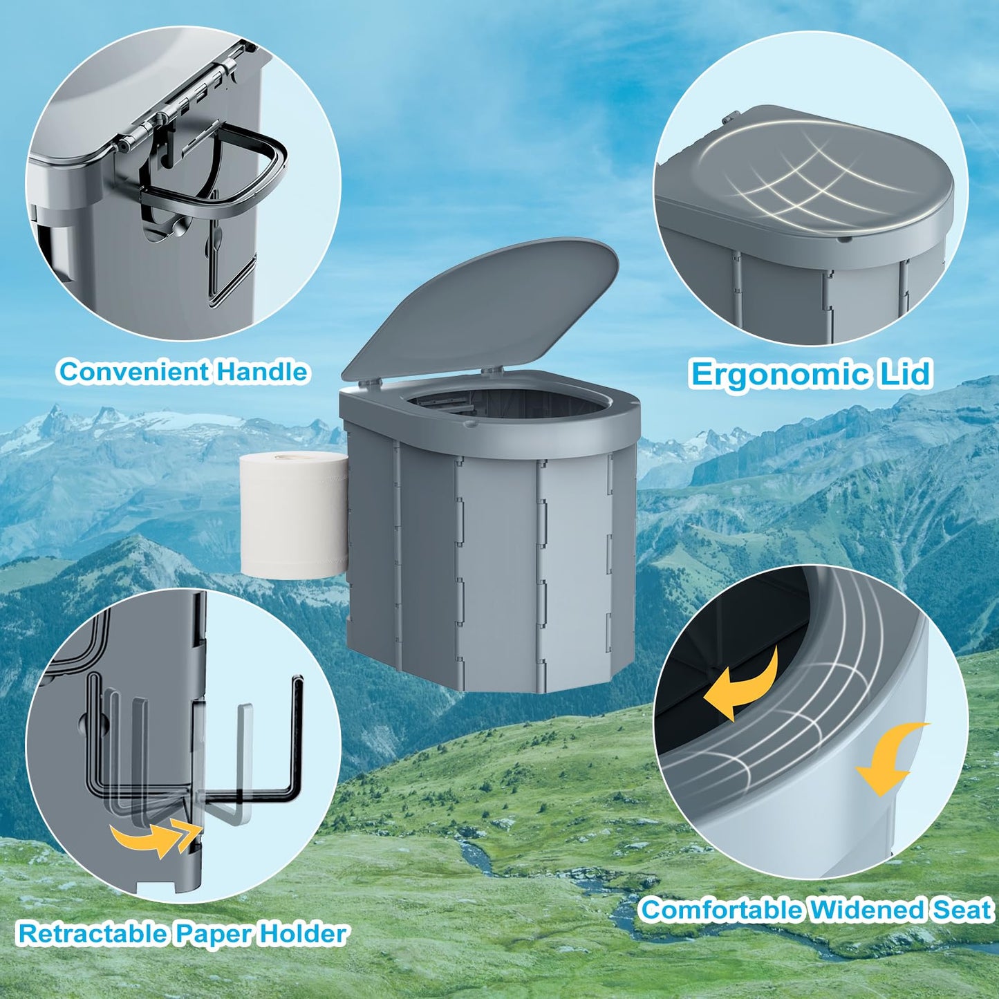 Portable Folding Camping Toilet for Adults, Waterproof Porta Potty with Lid, Paper Holder, Carry Bag & Disposable Liners