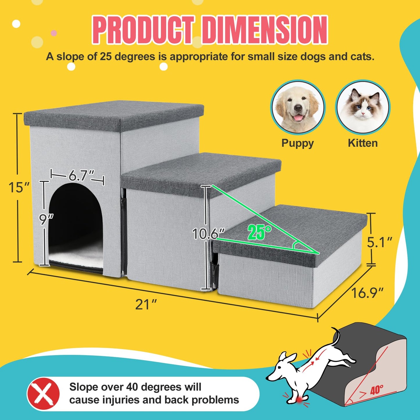 3-Step Non-Slip Foldable Pet Stairs for Dogs and Cats
