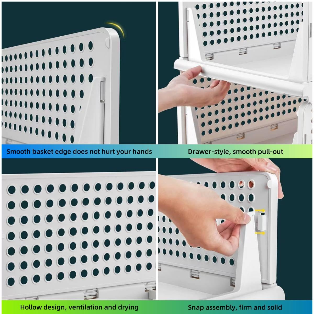 Stackable Plastic Storage Baskets, 4 Pack Foldable Closet Organizers
