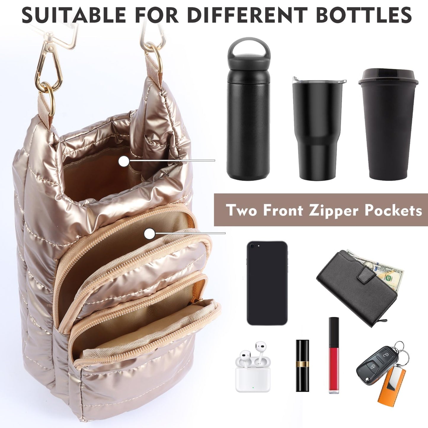 Quilted Puffer Water Bottle Crossbody Bag with Adjustable Strap, Women Sling Water Bottle Carrier Purse
