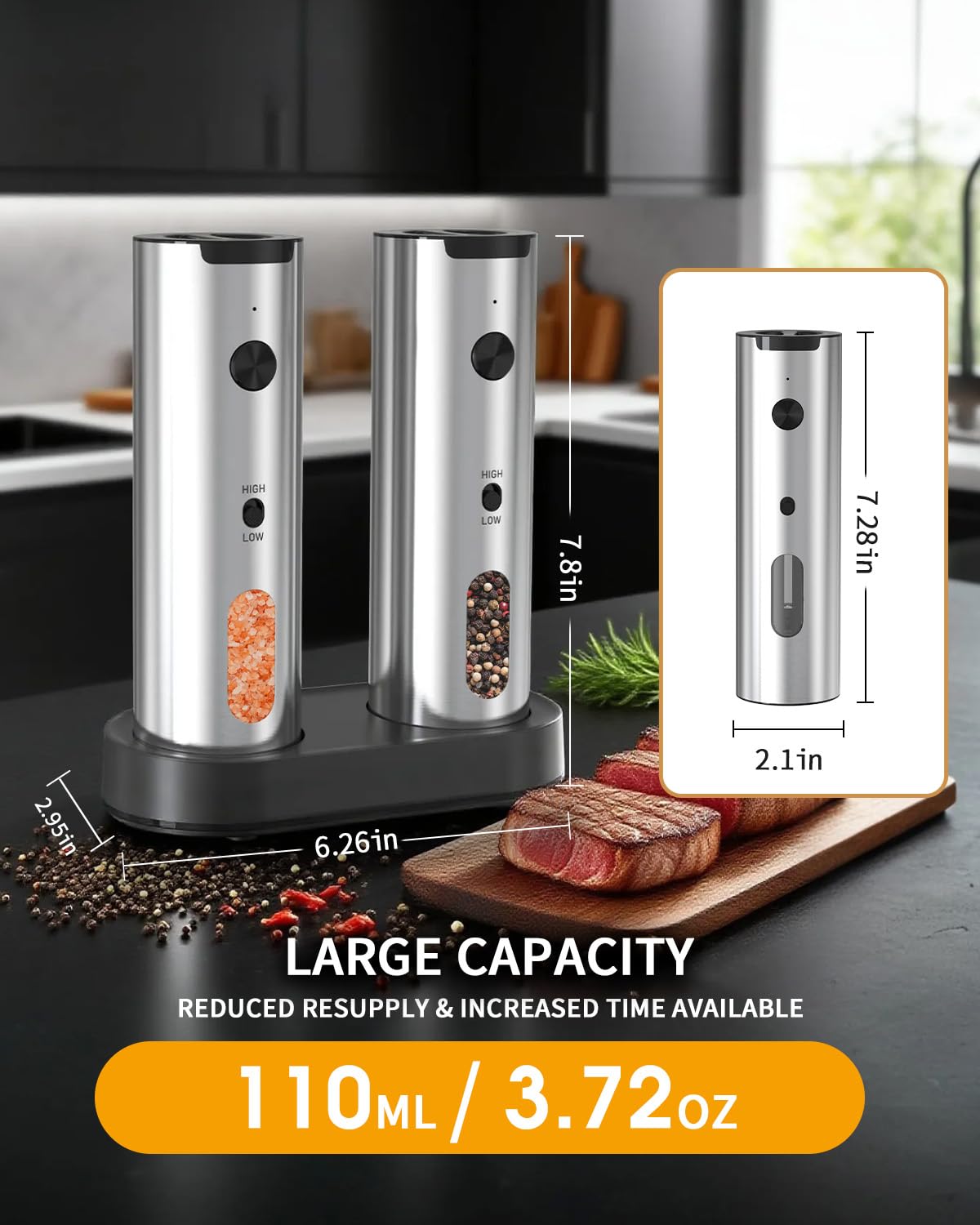 Rechargeable Electric Salt & Pepper Grinder Set with Charging Base & LED Light