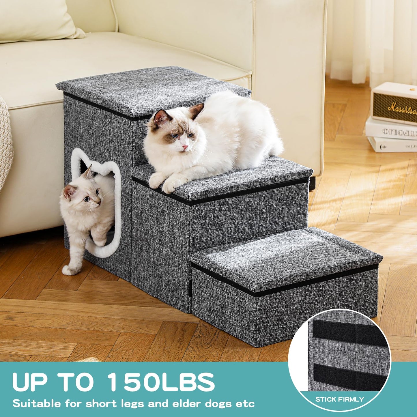 3-Step Non-Slip Pet Stairs with Storage