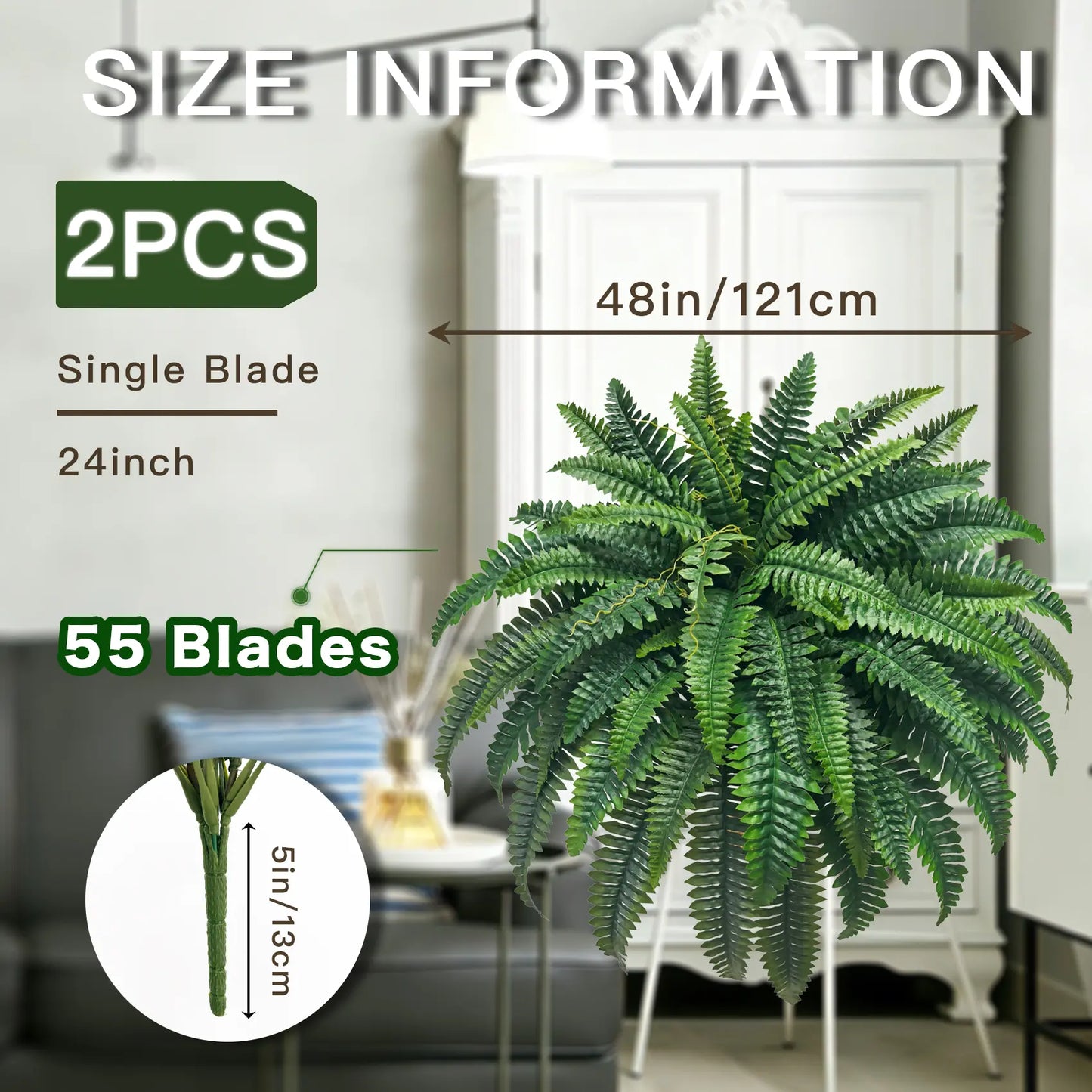 2Pcs Artificial Boston Fern Plant, 48 Inch Faux Greenery with 55 Branches for Indoor Outdoor Home Decor