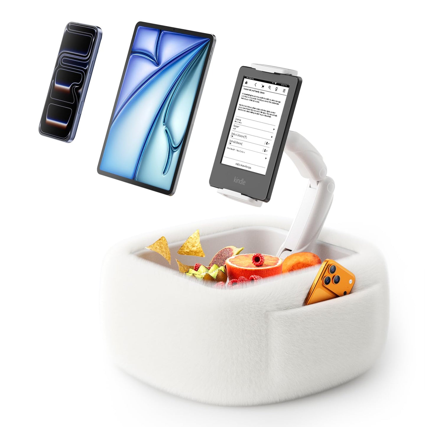 Tablet Pillow Stand with Snack Bowl, 360° Adjustable 4.7-14.6”
