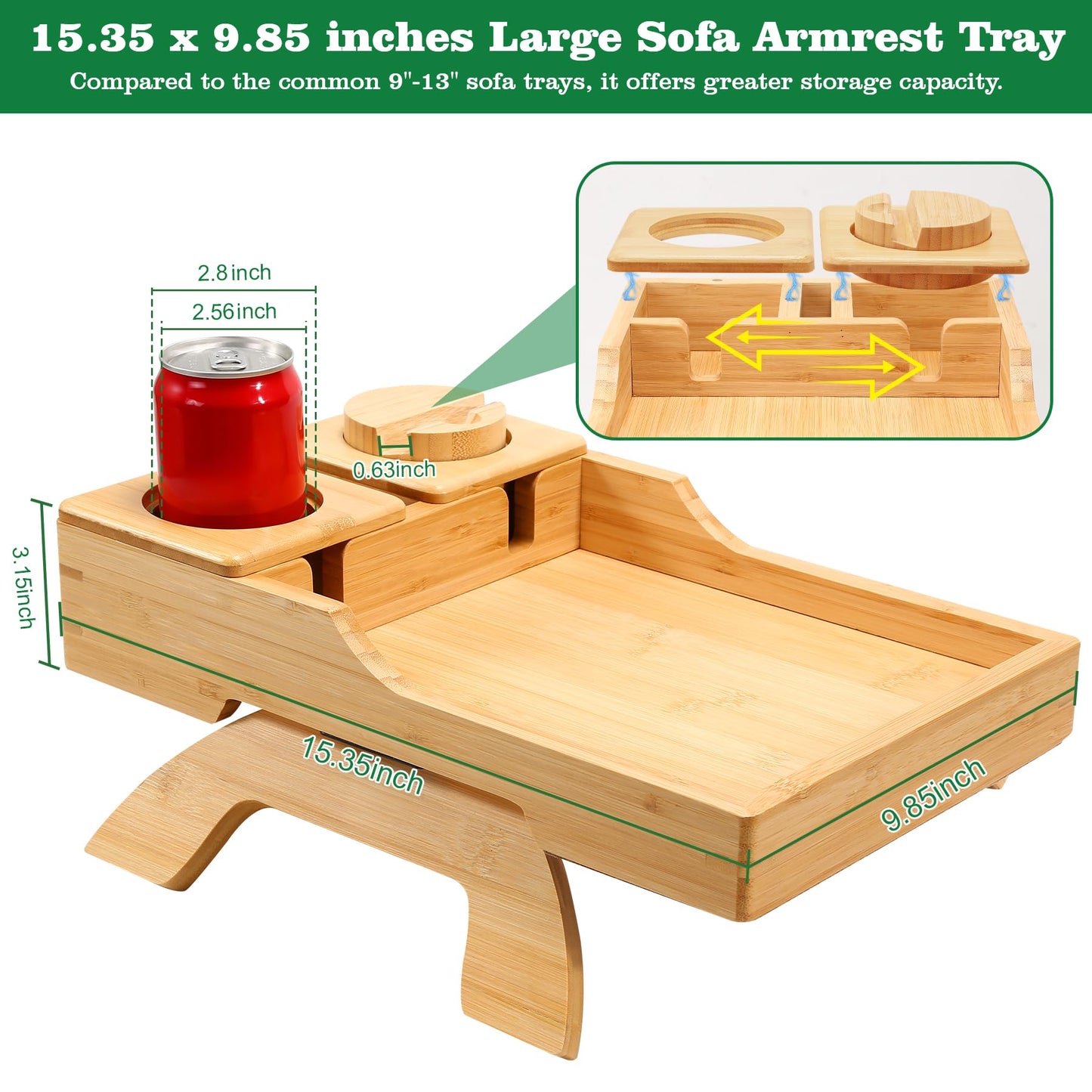 4-in-1 Couch Cup Holder Tray with 360° Rotating Phone Holder, Clip-On Armrest Side Table