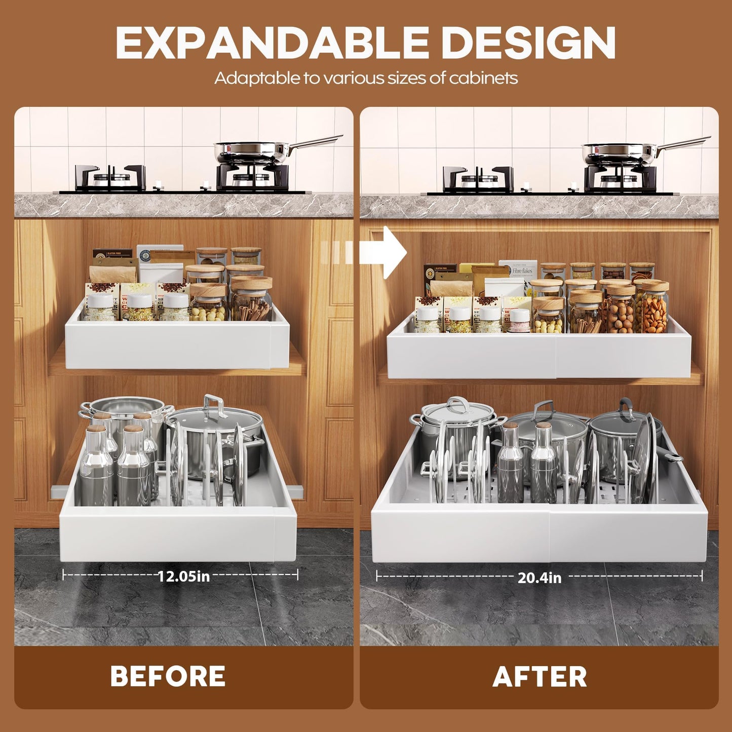 Expandable Pull Out Cabinet Organizer, Adhesive Roll Out Shelves with Raising Pad, Upgraded Slide Rails Design
