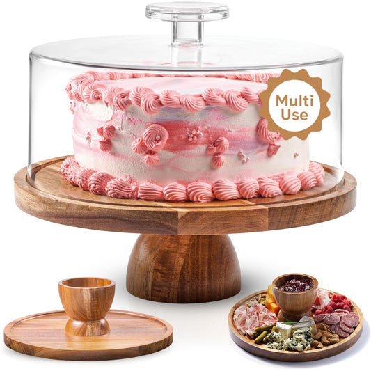 Acacia Wood Cake Stand with Dome Cover, 12" Round Dessert Display & Charcuterie Board for Cheese, Fruit and Snacks