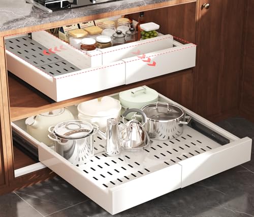 Expandable Pull Out Cabinet Organizer, Adhesive Roll Out Shelves with Raising Pad, Upgraded Slide Rails Design