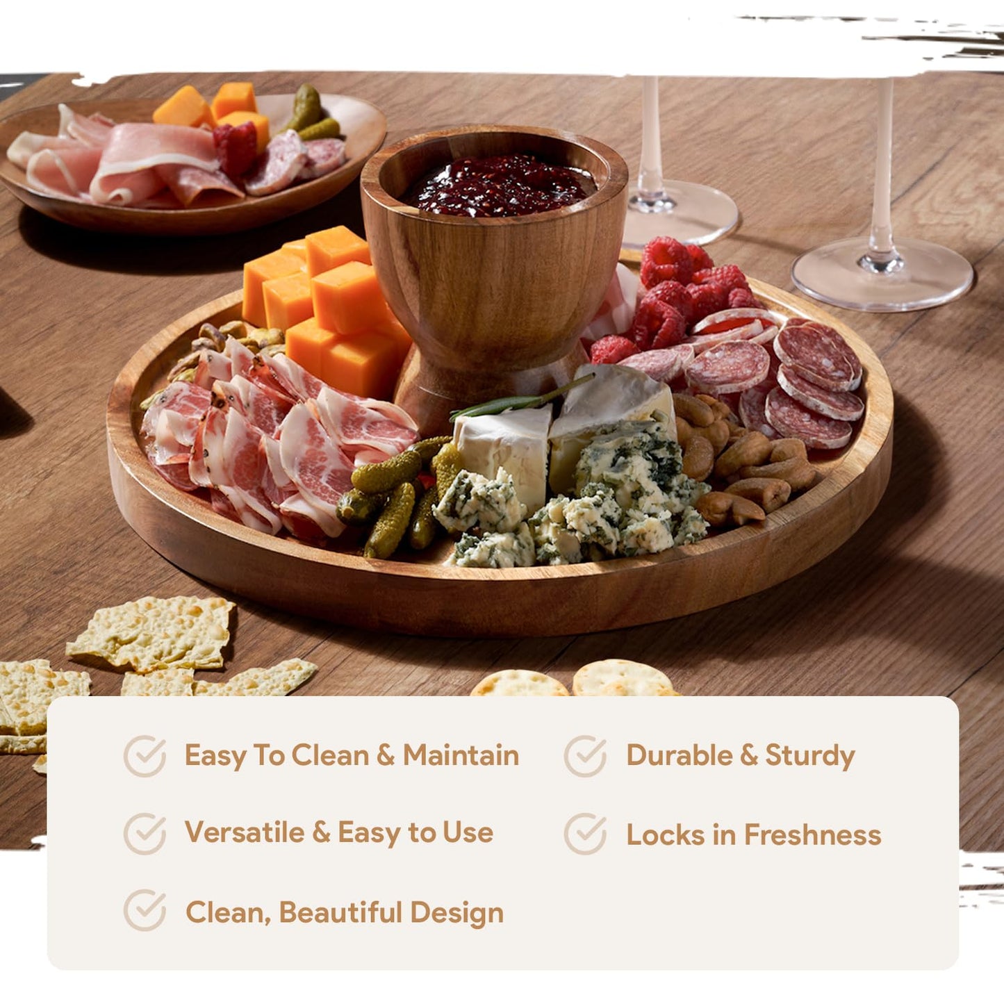 Acacia Wood Cake Stand with Dome Cover, 12" Round Dessert Display & Charcuterie Board for Cheese, Fruit and Snacks