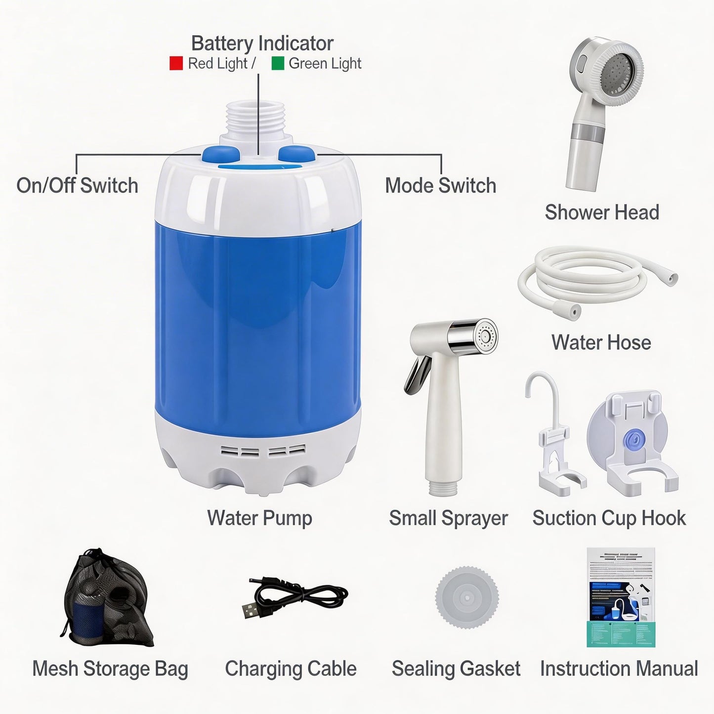 Portable Rechargeable Camping Shower Pump, Outdoor Shower Head Sprayer