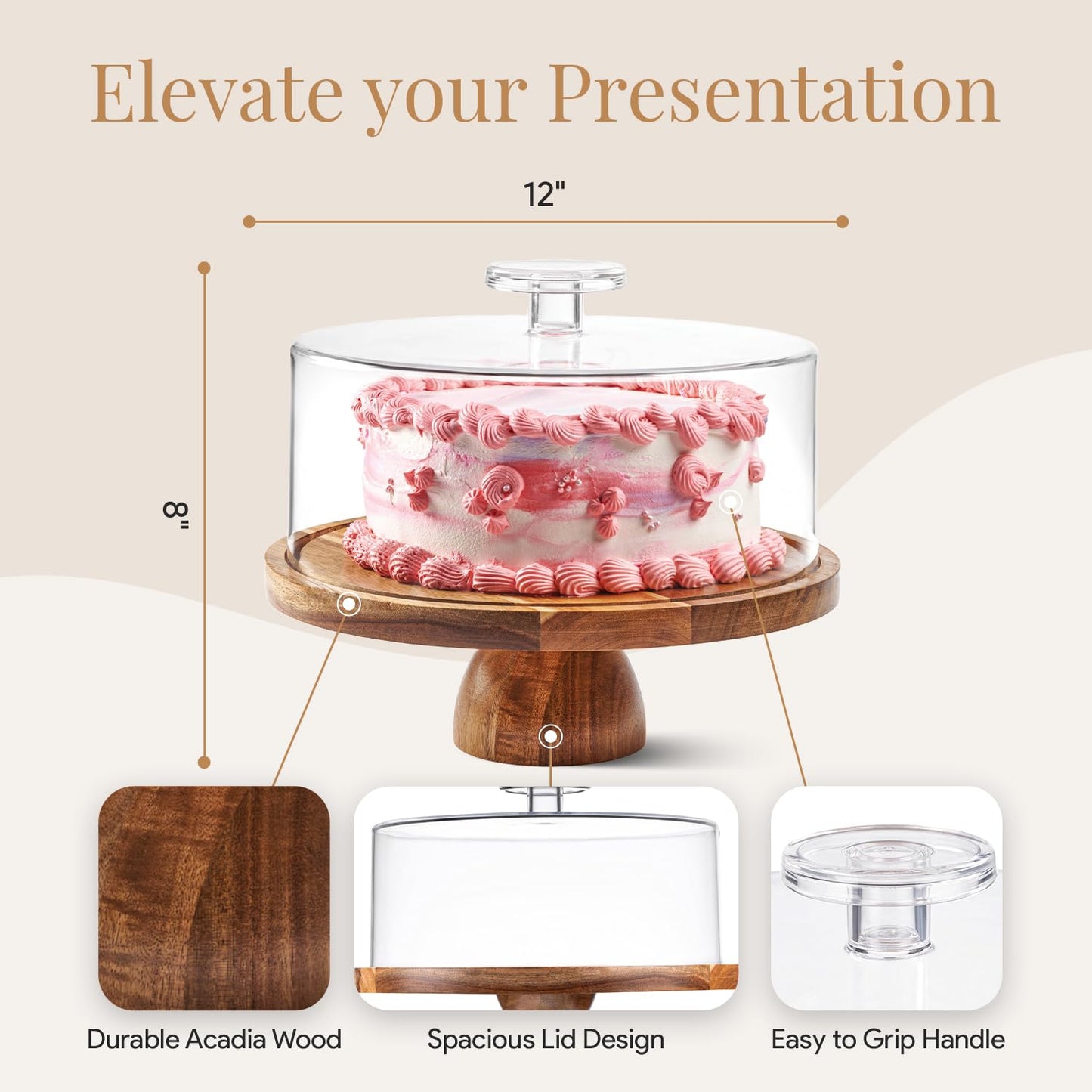 Acacia Wood Cake Stand with Dome Cover, 12" Round Dessert Display & Charcuterie Board for Cheese, Fruit and Snacks