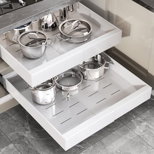 Expandable Pull Out Cabinet Organizer, Adhesive Roll Out Shelves with Raising Pad, Upgraded Slide Rails Design