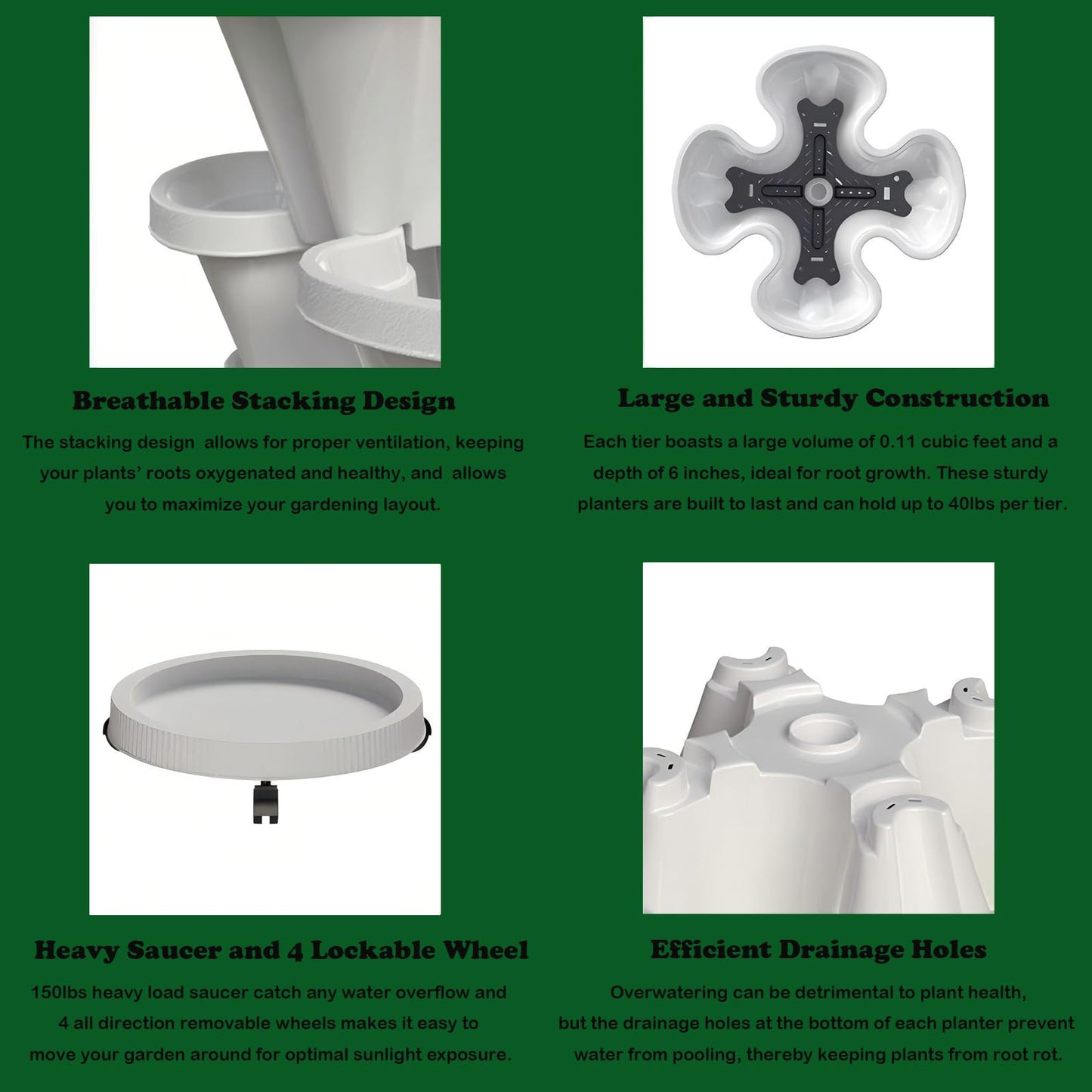 7 Tier Vertical Stackable Planter Tower, Multi Layer Plant Growing Pot with Support Pole and Removable Wheels
