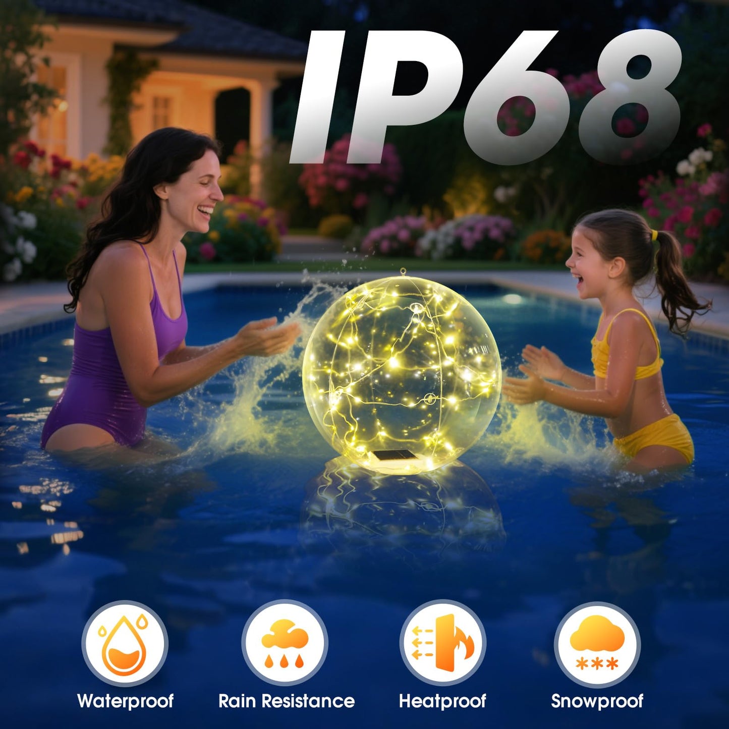 4Pcs 15in Warm White Solar Floating Pool Ball Lights, Auto On/Off Waterproof Decor Lamps