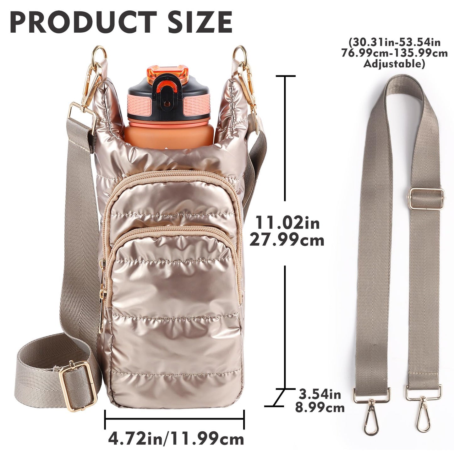 Quilted Puffer Water Bottle Crossbody Bag with Adjustable Strap, Women Sling Water Bottle Carrier Purse