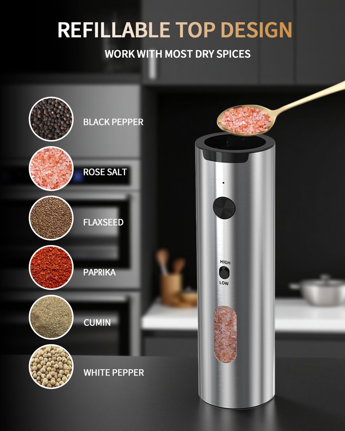 Rechargeable Electric Salt & Pepper Grinder Set with Charging Base & LED Light