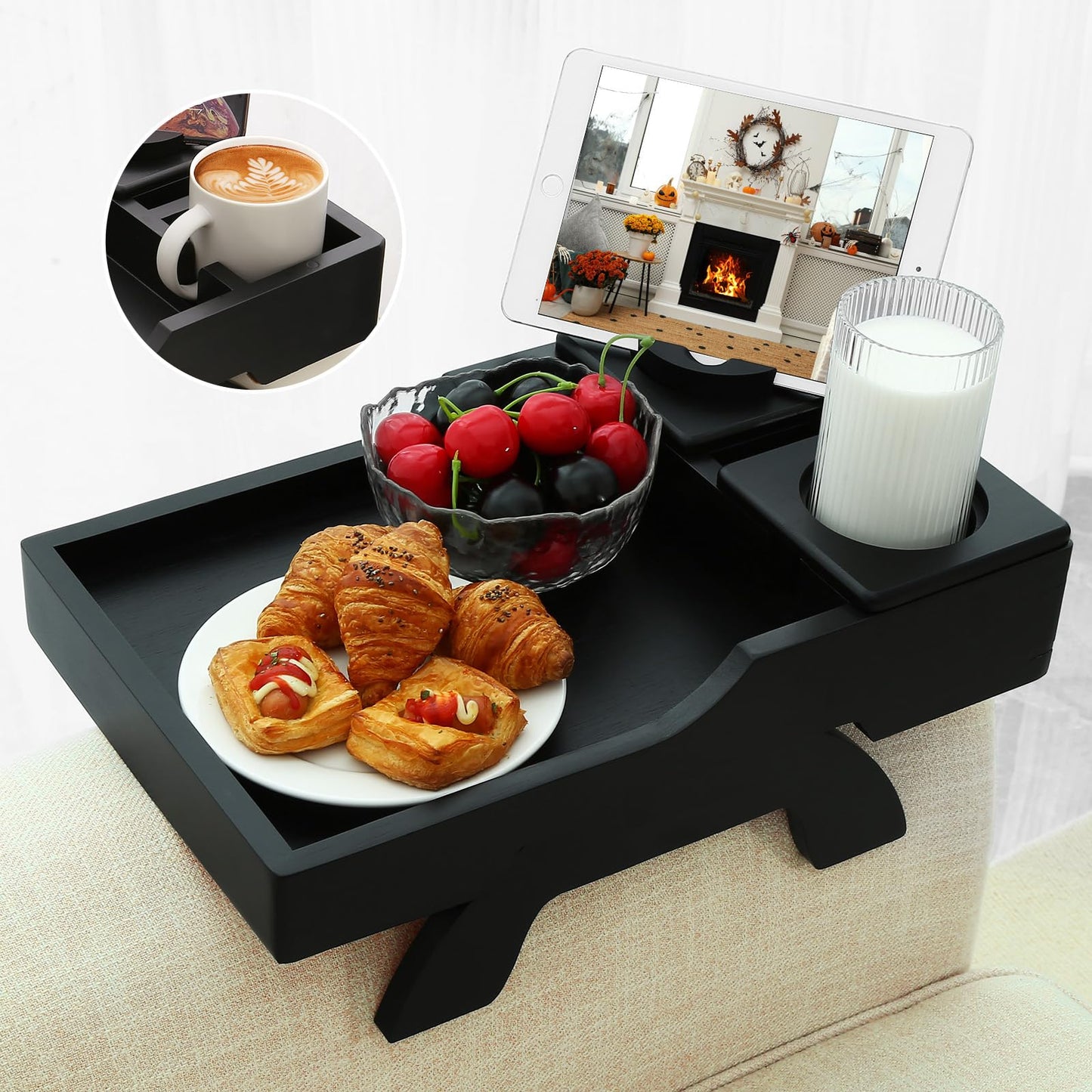 4-in-1 Couch Cup Holder Tray with 360° Rotating Phone Holder, Clip-On Armrest Side Table