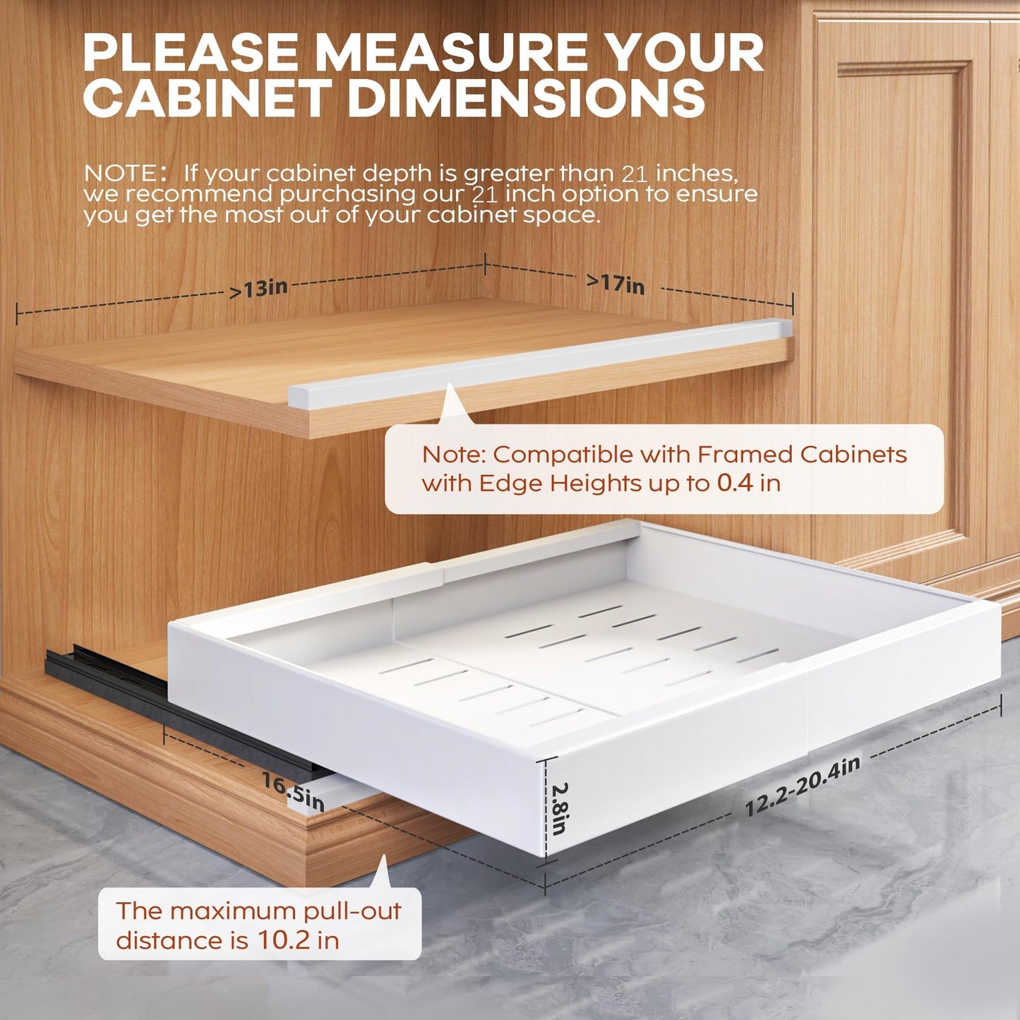 Expandable Pull Out Cabinet Organizer, Adhesive Roll Out Shelves with Raising Pad, Upgraded Slide Rails Design